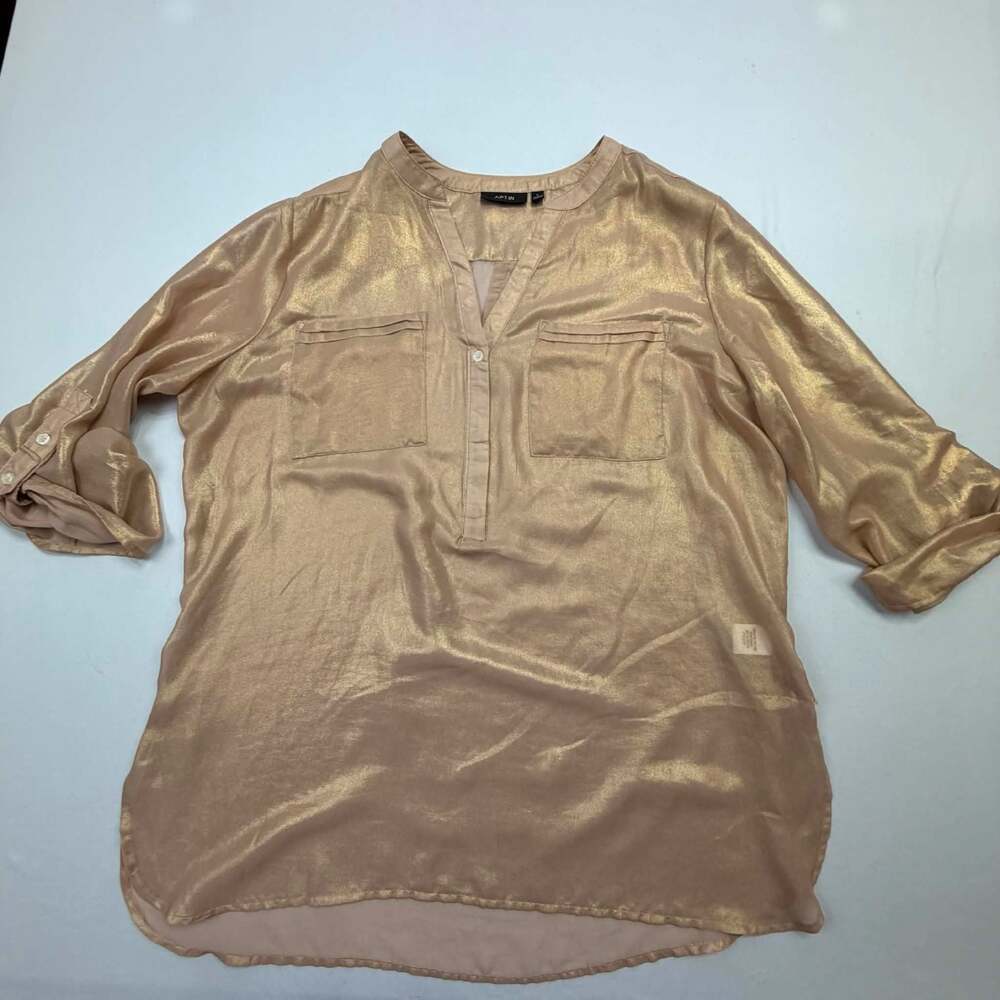 Apt. 9 Gold Shimmer Metallic Semi-Sheer Roll-Tab Sleeve Blouse